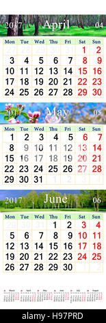 Bürokalender seit drei Monaten April Mai und Juni 2017 mit Bildern der Natur. Wandkalender für das zweite Quartal 2017 Stockfoto