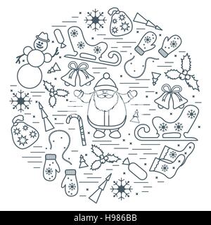 Vektor-Illustration der verschiedenen Neujahr und Weihnachten Symbole in einem Kreis angeordnet. Winter-Elementen in Linienstil aus. Stock Vektor