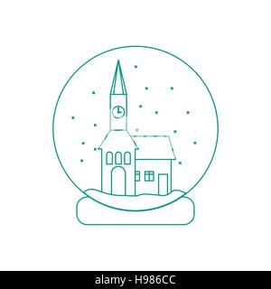 Vector Abbildung: Rathaus mit Uhr und das Haus innen Glaskugel mit Schnee. Design Element für Postkarte, Einladung, Banner oder Flyer i Stock Vektor