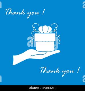 Niedliche Bild mit Hand, ein Geschenk und eine Inschrift: Ich danke Ihnen auf einem farbigen Hintergrund. Stock Vektor