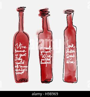 Flasche Wein - Aquarell Flaschen mit Schriftzug Stock Vektor