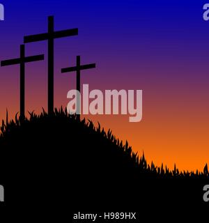 Kreuze-Silhouette auf der Spitze eines Berges bei Sonnenuntergang Stock Vektor