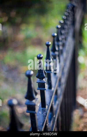 Nahaufnahme des schwarzen schmiedeeisernen Zaun Stockfoto