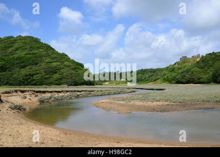 Penmaen Pille und Pennard Castle, Three Cliffs Bay auf Gower Halbinsel, Wales Stockfoto