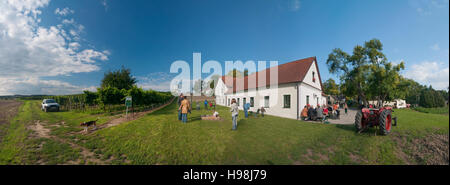 Angern ein der März: Kapelle Rochuskapelle, Heuriger (Weinstube), Gäste und Weinbergen in Mannersdorf, Weinviertel, Niederösterreich, untere Aust Stockfoto