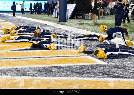 Morgantown, West Virginia, USA. 19. November 2016. Die West Virginia Mountaineers Cheerleader machen Schnee-Engel in eine Endzone während eines Spiels in Mountaineer Field in Morgantown, WV gespielt. Oklahoma schlagen WVU 56-28. © Ken Inness/ZUMA Draht/Alamy Live-Nachrichten Stockfoto