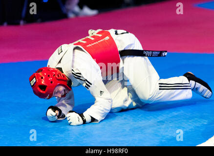 Burnaby, Kanada. 19. November 2016. WTF World Taekwondo Junior Hiebert Zachary (CAN) rote Clebrates im männlichen 73 kg Halbfinale gewinnen. Alamy Live News/Peter Llewellyn Stockfoto