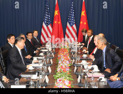 Lima, Peru. 19. November 2016. Chinesischen Staatspräsidenten Xi Jinping trifft sich mit seinem amerikanischen Amtskollegen Barack Obama in Lima, Peru, 19. November 2016. Bildnachweis: Ding Lin/Xinhua/Alamy Live-Nachrichten Stockfoto