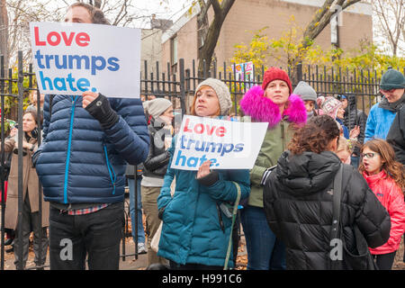 New York, USA. 20. November 2016. Hunderte von Menschen, einige bringen ihre Kinder drängen sich in Adam Yauch Park im Stadtteil Brooklyn Heights in New York auf Sonntag, 20. November 2016 Teilnahme an einer Kundgebung gegen Hass. Die Anti-Hate-Rallye wurde als Reaktion auf Hakenkreuze und die Nachricht "Gehen Trump" die Gischt waren am Freitag auf Spielgeräten im Park gemalt. (© Richard B. Levine) Bildnachweis: Richard Levine/Alamy Live-Nachrichten Stockfoto