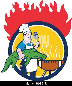 Abbildung eines Kochs Lächeln auf den Lippen tragen Alligator in der einen Hand und hält Spachtel in der anderen Hand mit Bbq-Grill-Set im inneren Kreis mit Feuer kochen Stock Vektor