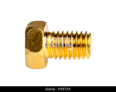 Gold Kopf Sechskantschraube isoliert auf weißem Hintergrund Stockfoto