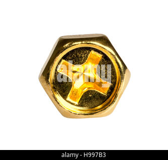 Gold Kopf Sechskantschraube isoliert auf weißem Hintergrund Stockfoto