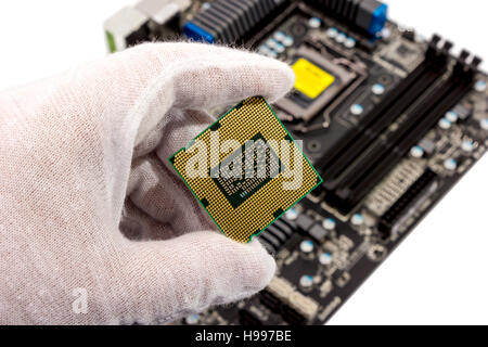 Elektronische Sammlung - der Mechaniker halten Computer-Prozessor in der hand vor dem Einbau in die Hauptplatine Stockfoto