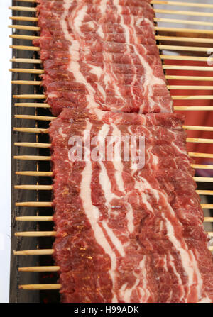 Rohe Kebab-Spieße mit Lammfleisch gekocht auf dem Kohlenbecken während das Dorffest Stockfoto