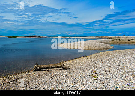 Inshore Banken von Kies an der Mündung des River Spey, Spey Bay, Schottland, Großbritannien Stockfoto