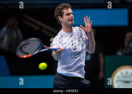 London, UK. 20. November 2016. Andy Murray (SCO) hat die Praxis vor dem Finale des Turniers, mit seinem Cheftrainer, ehemalige Nr. 1 Ivan Lendl (CZE) und Jamie Delgado (GBR). Bildnachweis: Alberto Pezzali/Pacific Press/Alamy Live-Nachrichten Stockfoto