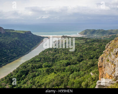 Luftaufnahme des braunen Fluss, umgeben von Wald in Ozean im Süden Afrikas Wild Coast. Dramatischer Himmel und Strand im Hintergrund. Stockfoto