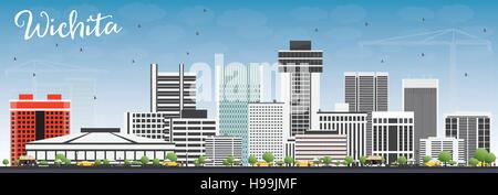 Wichita-Skyline mit grauen Gebäuden und blauer Himmel. Vektor-Illustration. Geschäftsreisen und Tourismus-Konzept mit moderner Architektur. Stock Vektor