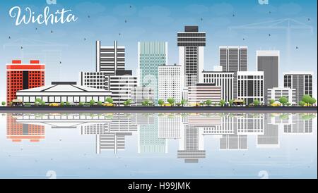 Wichita-Skyline mit grauen Gebäuden, blauer Himmel und Reflexionen. Vektor-Illustration. Geschäftsreisen und Tourismus-Konzept mit moderner Architektur. Stock Vektor