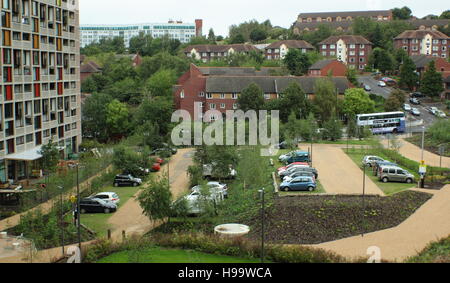 Sanierten Flanke der Park Hill Wohnungen Blick auf das Anwesen Parkplatz, Stadt von Sheffield, Yorkshire England UK - 2016 Stockfoto