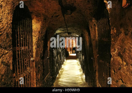 Alten Höhlen mit Bögen und Wein aus dem Tokajer-Tal in der Slowakei. Stockfoto