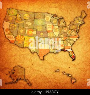 Florida auf alte Vintage Karte der Usa mit Staatsgrenzen Stockfoto