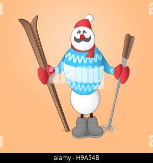 Sportler-Schneemann mit Ski und Skistöcke in seinen Händen, bekleidet mit blauen Pullover Stock Vektor