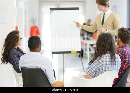 Ernst-Team mit flip Board im Büro etwas diskutieren Stockfoto