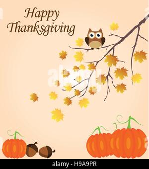 Vektor-Illustration von Thanksgiving Hintergrund mit Kürbissen, Eicheln, Eule im Herbst Baum Stock Vektor