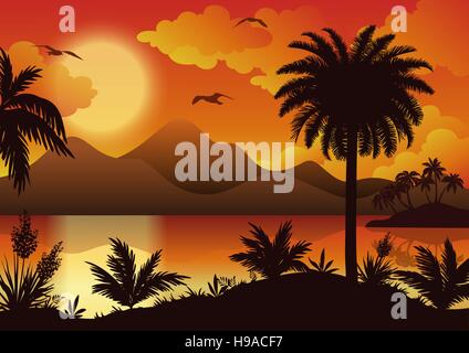 Tropische Inseln, Palmen, Blumen und Vögel Stock Vektor