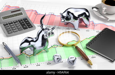 Ein Stier und ein Bär auf einem 'Desktop Börse' Stockfoto