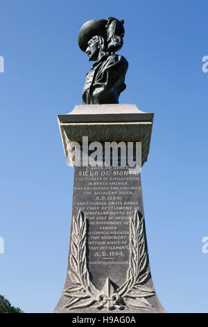 Monumentl to Timotheus Piere du Guast, Sieur de Mons, in Fort Anne National Historic Site in Annapolis Royal, Nova Scotia, Kanada. Stockfoto