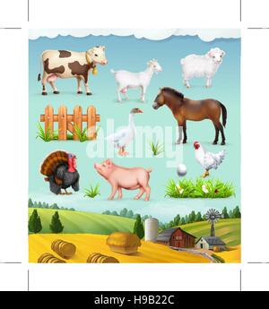Bauernhof, Tiere und Vögel Satz von Vektor-icons Stock Vektor