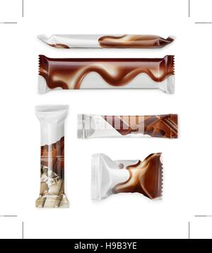 Weißem Polyethylen-Paket, Schokoriegel, Vektor-Mock-up-set Stock Vektor