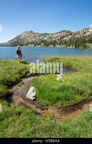 Wanderer die Aussicht in Oregon Wallowa Mountains. Stockfoto