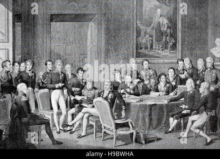 Der Kongress der Vienna Deutsch: Wiener Kongress fand eine Konferenz der Botschafter der europäischen Staaten unter dem Vorsitz von österreichischen Staatsmannes Klemens Wenzel von Metternich, und statt in Wien ab November 1814 bis Juni 1815, historische Abbildung Stockfoto