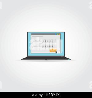 Flache Darstellung. Laptop-Monitor mit Passwort und Benutzername Form und Schaltfläche anmelden. Stock Vektor