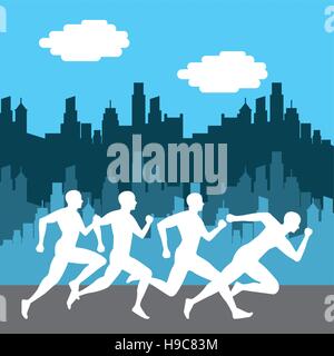 Silhouette des Menschen überfahren Stadt Hintergrund. Marathon laufenden Wettbewerb farbenfrohes Design. Vektor-illustration Stock Vektor