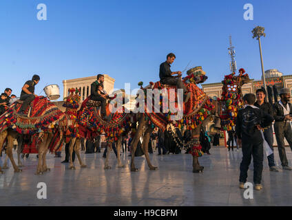 Prozession mit Kamelen während Muharram Feierlichkeiten in Fatima al-Masumeh Schrein, zentrale Grafschaft, Qom, Iran Stockfoto