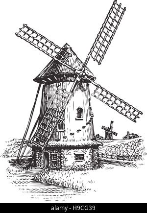 Windmühle. Handgezeichnete Skizze Vintage-Vektor-illustration Stock Vektor