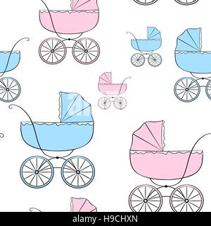 Schöne, nahtlose Vektormuster mit Retro-Kinderwagen in verschiedenen Größen Stock Vektor