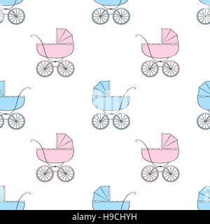 Schöne, nahtlose Vektormuster mit Retro-Kinderwagen Stock Vektor