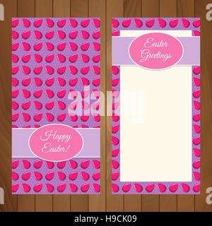 Ostern-Flyer-Design-Vorlage. "Frohe Ostern!"-Gruß über ein nahtloses Muster mit Eiern. Muster bereits in Farbfelder. Stock Vektor