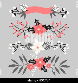 Eine Reihe von Weihnachten Blumenarrangements in weiß, rot, grau und schwarz. Winter Hochzeit Einladung, Weihnachtsfeier, Brautdusche Vintage Design-element Stock Vektor