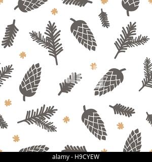 Winter Musterdesign mit Tannenzapfen, Schneeflocken und Weihnachtsbaum Äste in braun und gelb auf weißem Hintergrund. Stock Vektor