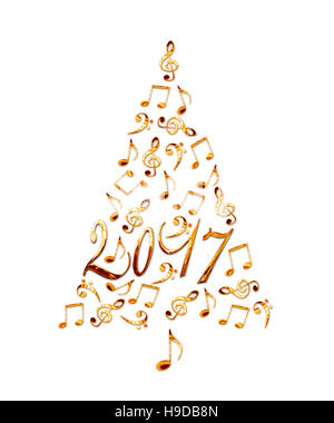 2017-Weihnachtsbaum mit goldenen Metall Musiknoten isoliert auf weißem Hintergrund Stockfoto