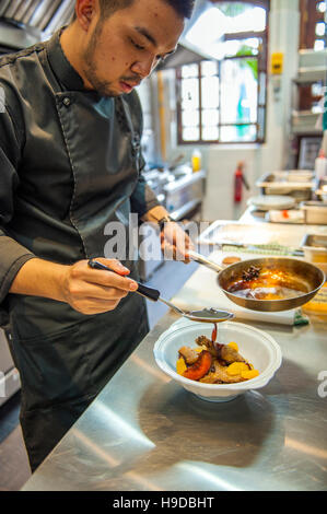 Koch Zachary Choong bereitet Ente mit Stern in der Küche des Restaurant bei sieben Terarces Kebaya Hotel in Georgetown, Penang, Malaysia Anis Stockfoto