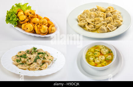 Satz von Bild mit Fleischklößchen, russischen Pelmeni auf der weißen Platte unter verschiedenen Bedingungen: gebraten, mit Butter, mit Essig und in der Suppe Stockfoto