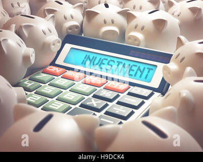 Rechner inmitten mehrere Sparschweine zeigt auf dem Display das Wort "Investitionen". 3D Illustration, Wirtschaft und Finanzen-Konzept. Stockfoto