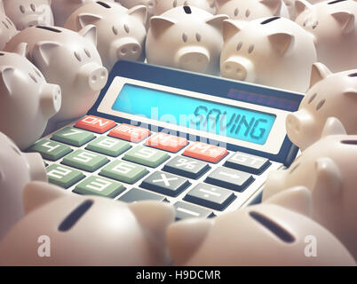 Rechner inmitten mehrere Sparschweine zeigt auf dem Display das Wort "Sparen". 3D Illustration, Wirtschaft und Finanzen-Konzept. Stockfoto